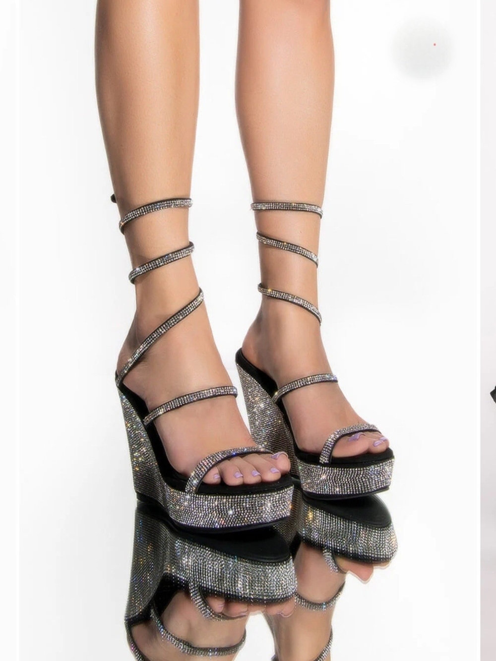 Sparkling Silver Rhinestone Platform Wedge Sandals with Wrap Straps
